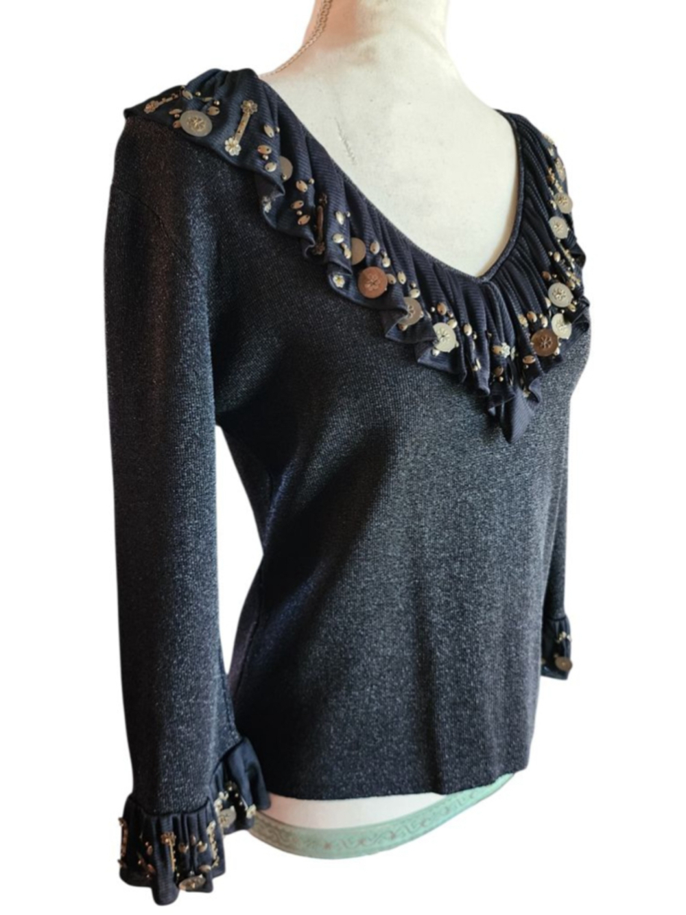 Joseph A. Black Sparkly Metallic Knit Top M | Ruffled Embellished Collar & Cuffs
